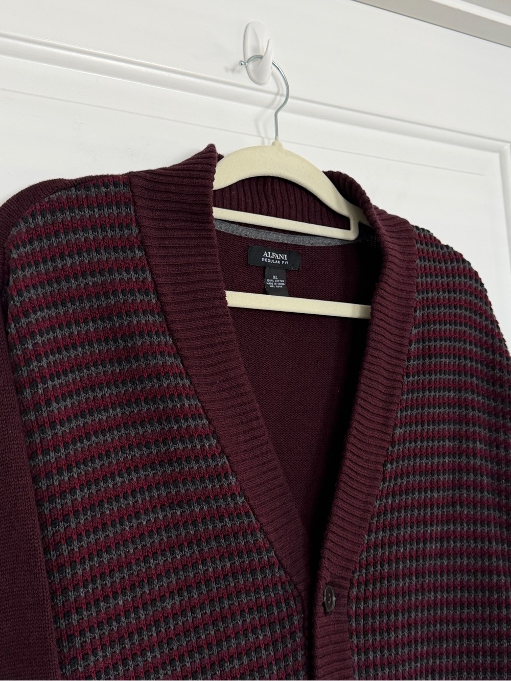 Alfani Grandpa Mens Burgundy Gray Shawl Collar Cardigan Pockets Academia Preppy